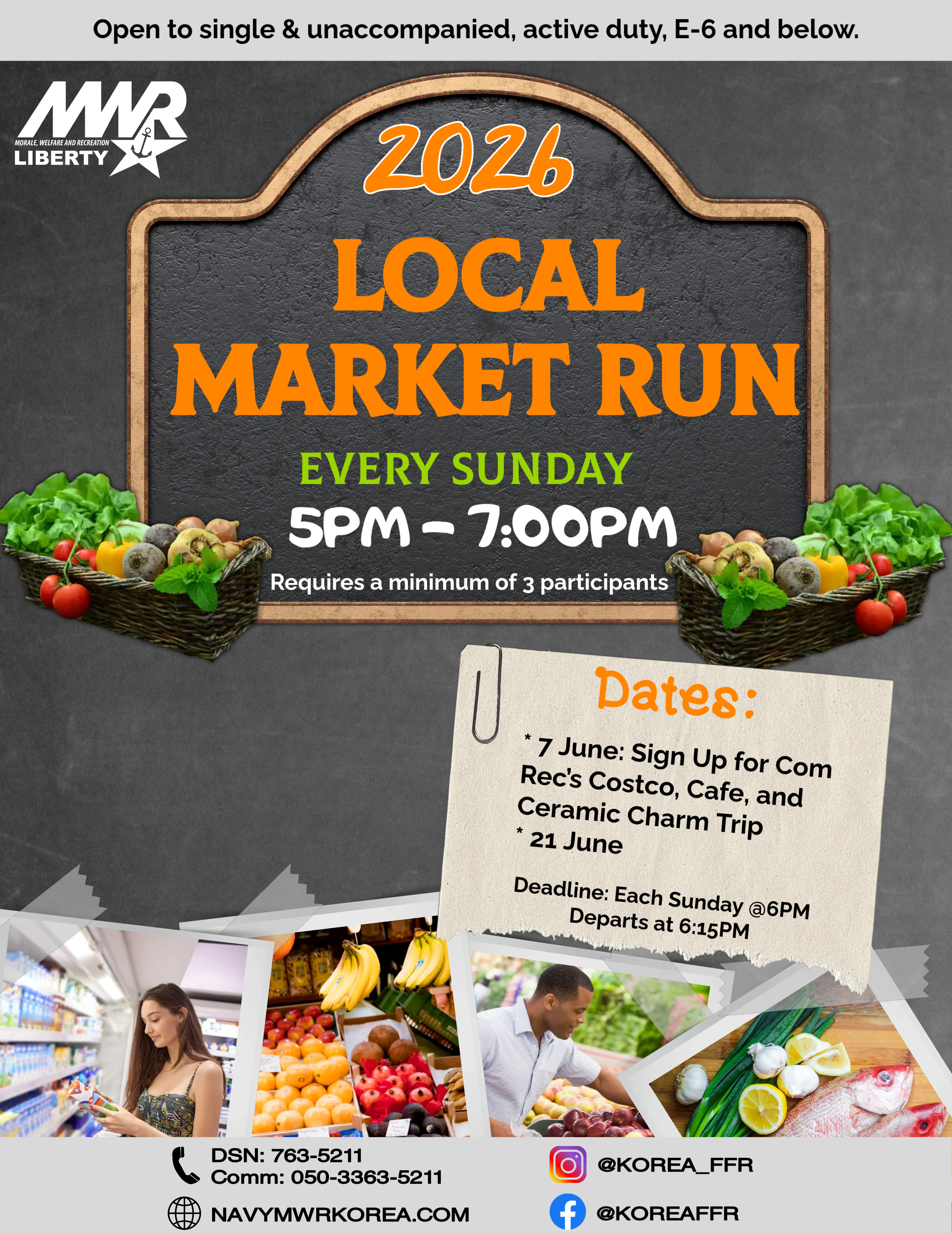 Local Market Run flyer promoting a weekly Sunday shopping trip, featuring produce baskets, schedule information, and sign-up dates.
