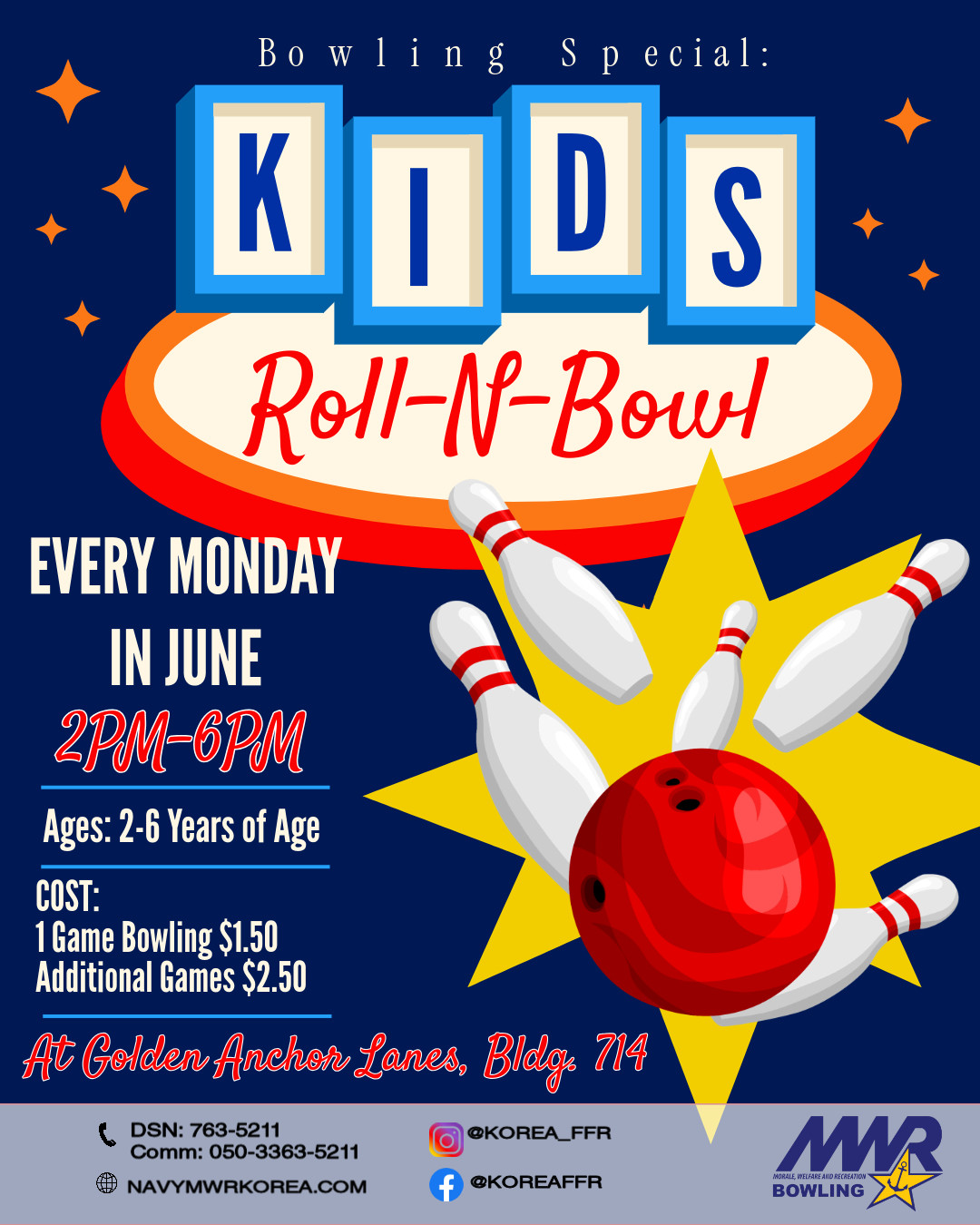 Kids Roll-N-Bowl flyer promoting a June bowling activity for children ages 2–6, featuring a bowling ball, pins, and event details.