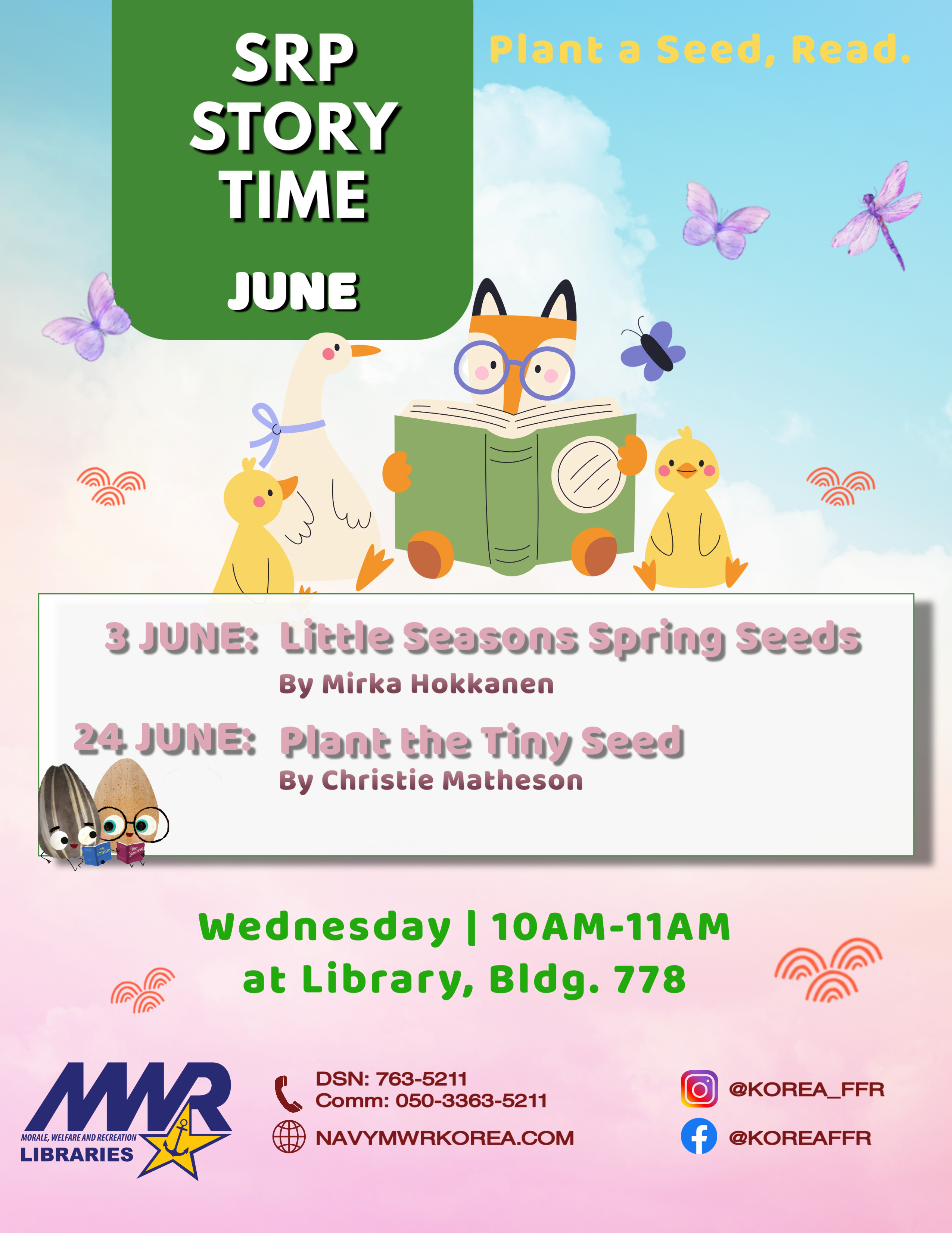 SRP Story Time flyer promoting June children's reading sessions, featuring illustrated animals reading a book and story titles with event details.