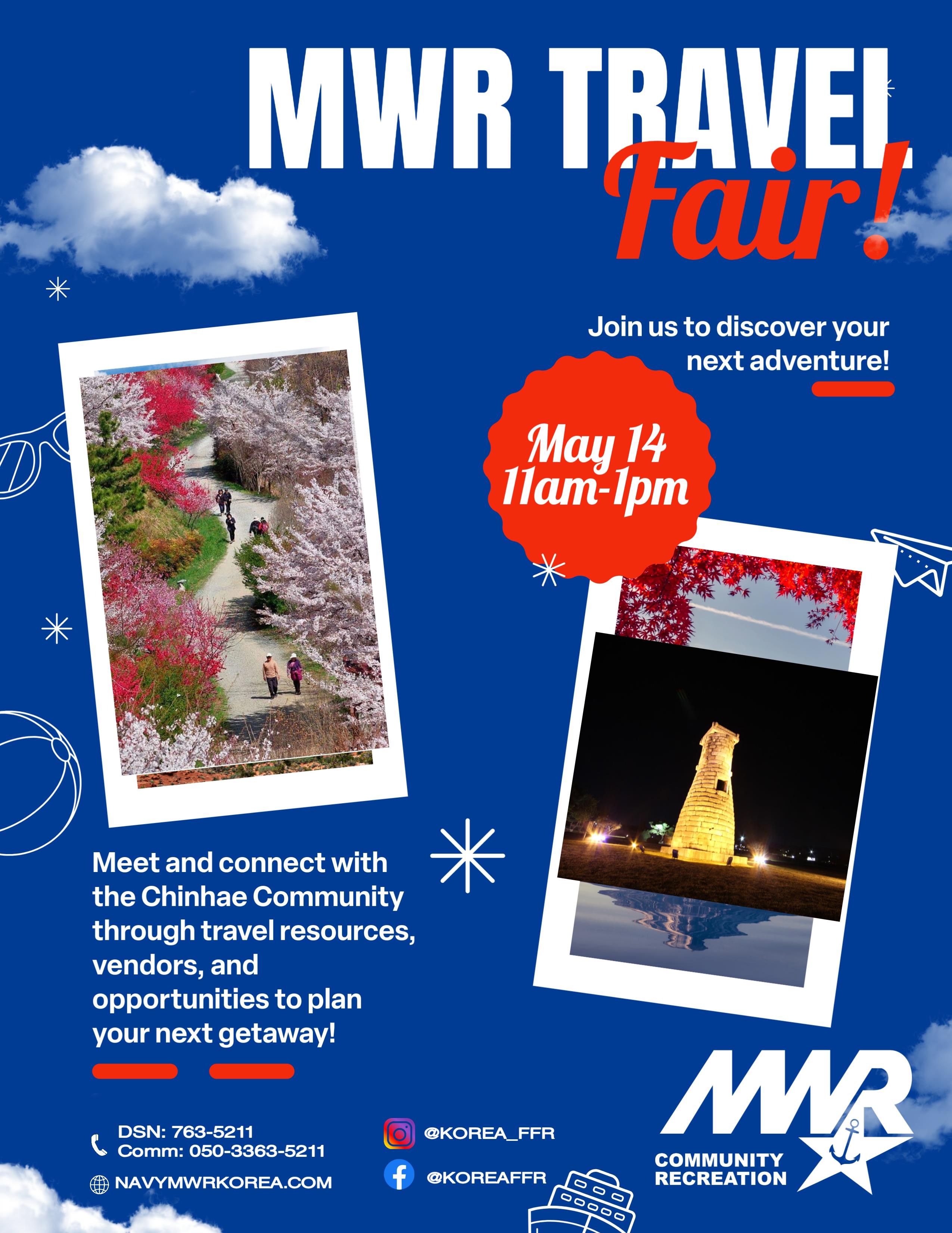 Promotional flyer for a travel fair at Community Recreation Center.