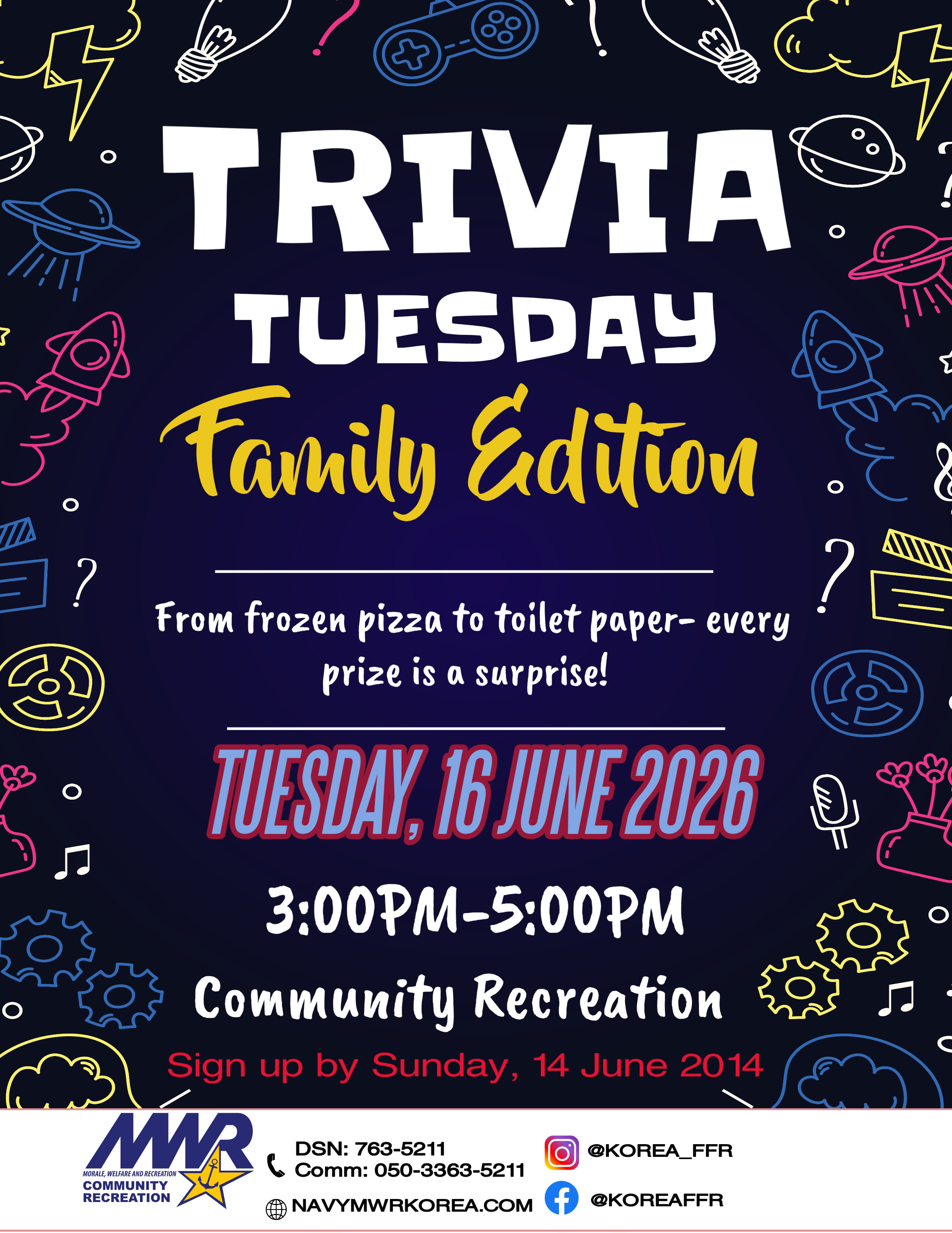 Trivia Tuesday: Family Edition flyer promoting a family-friendly trivia event on June 16, 2026, featuring themed graphics, surprise prizes, and event details.