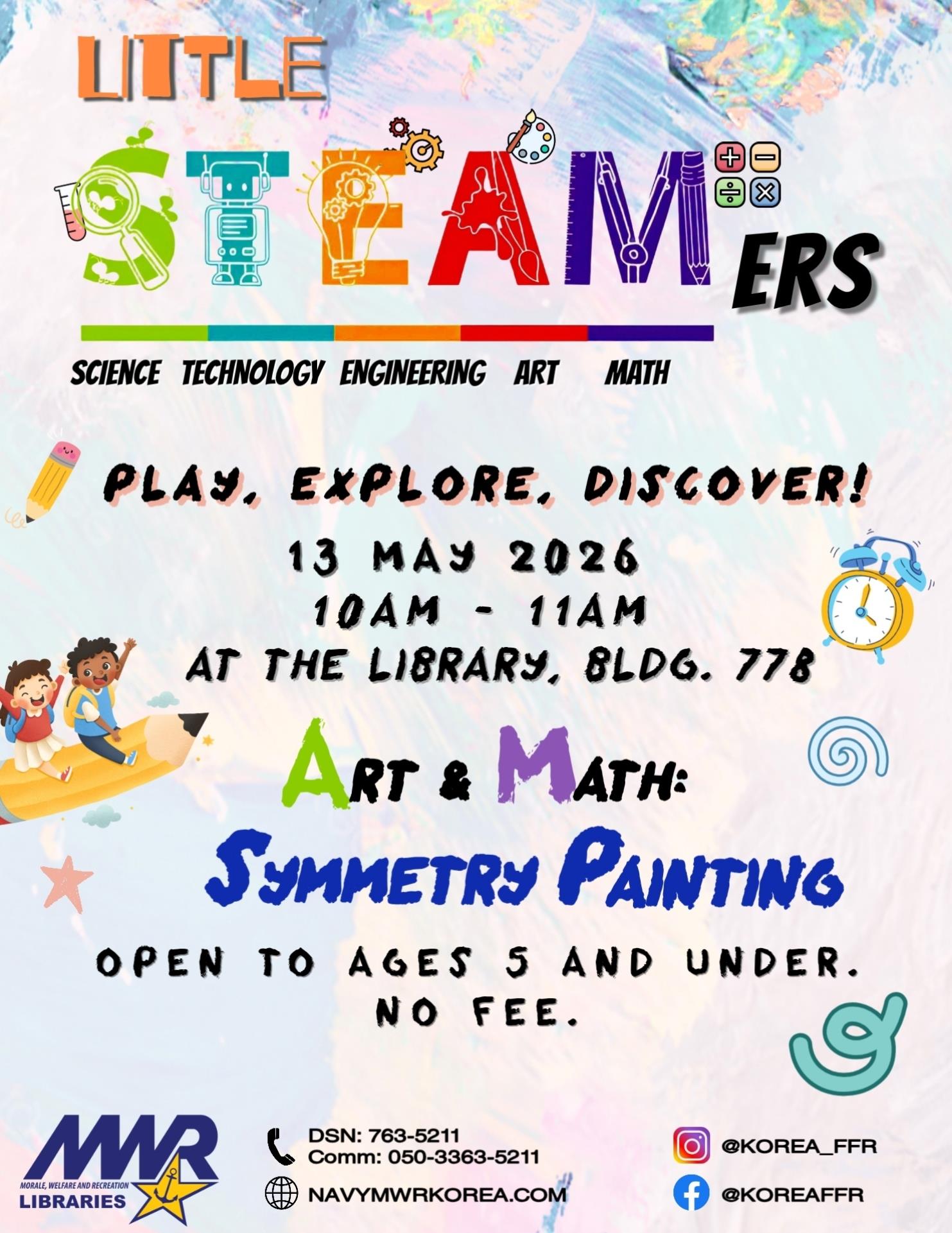 Steam activity at the Library for ages 5 and under on 13 May, 10AM-11AM.