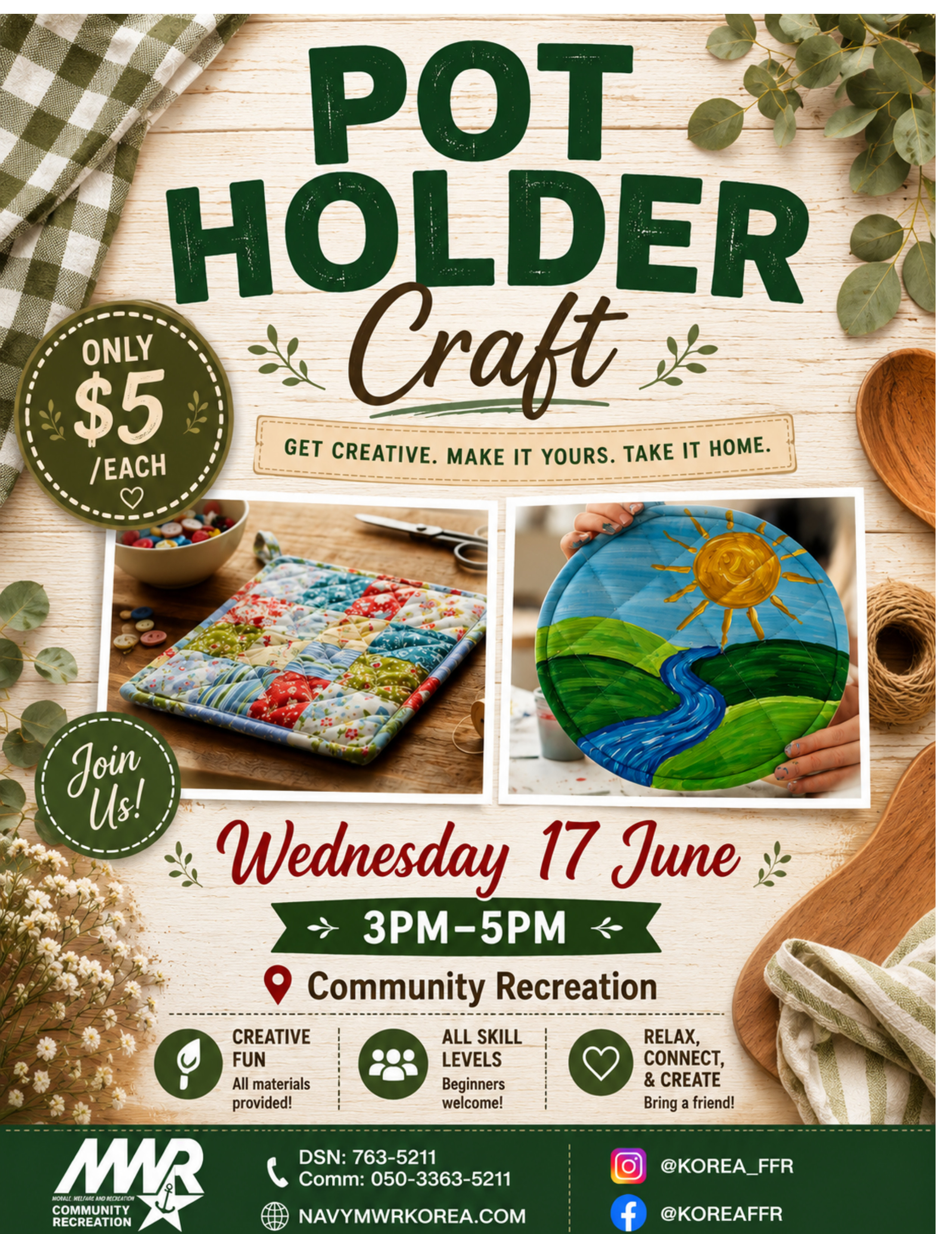 Pot Holder Craft flyer promoting a DIY crafting event on June 17, featuring handmade pot holders and painted artwork.
