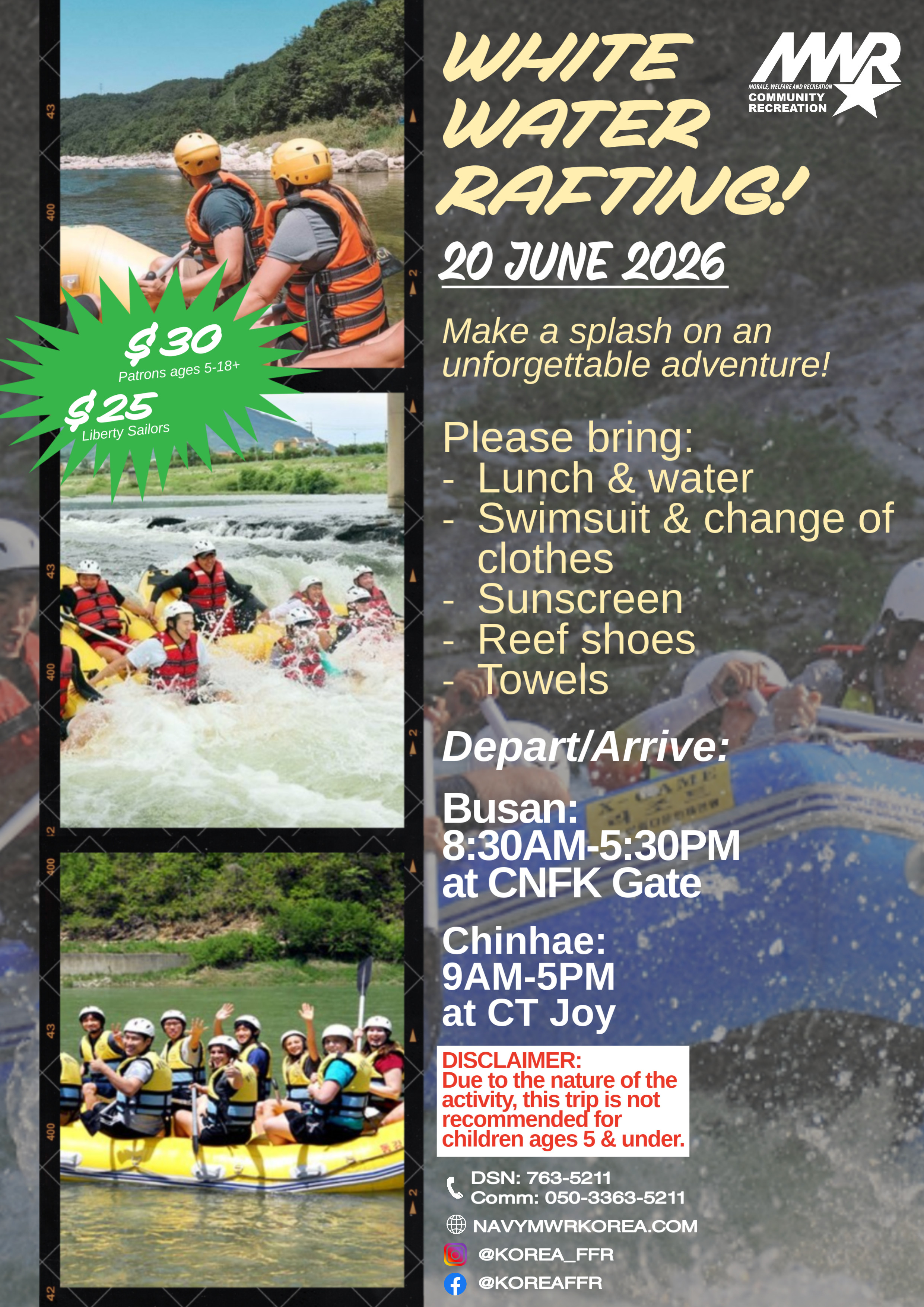 White Water Rafting flyer promoting a rafting adventure on June 20, 2026, featuring rafting photos, pricing, packing information, and trip details.