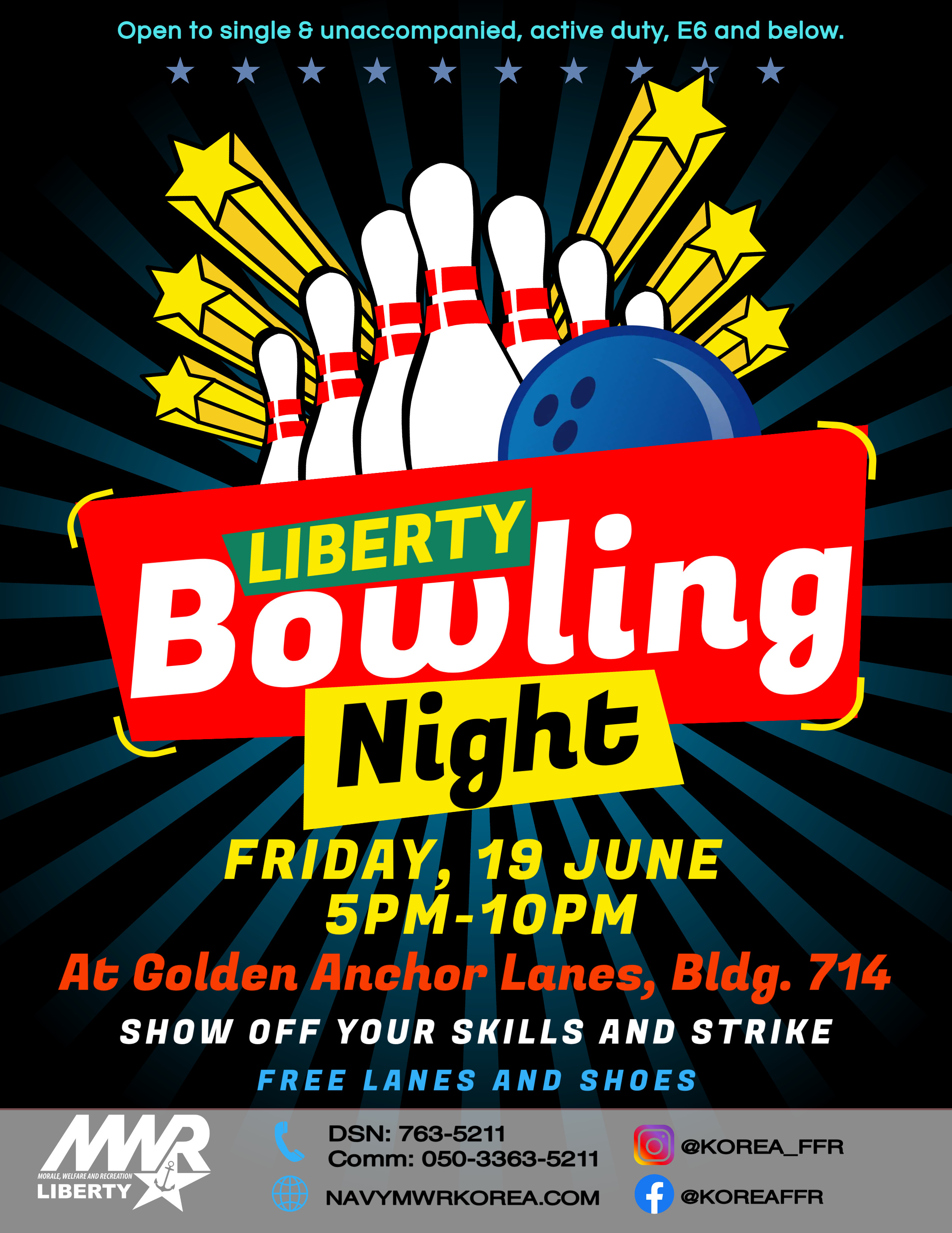 Liberty Bowling Night flyer promoting a bowling event on June 19, featuring bowling pins, a bowling ball, and event details.